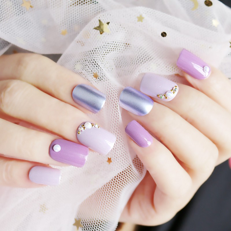 Square Shape Nail Violet With 3D Stone Press On Nail