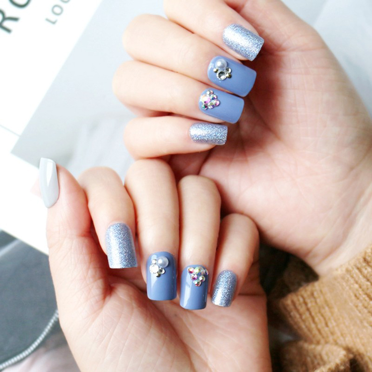 Square Shape Nail Smog Blue Glitter Stone Press On Nail
