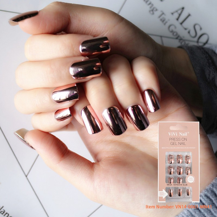 24Pcs Fashion Metallic Plating Full Cover False Nail Tips Mirror Effect Press On Salon Nail