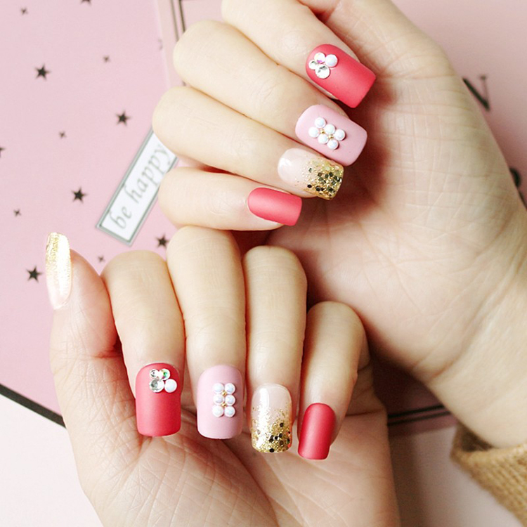 Square Shape Red With Pink 3D Press On Nail