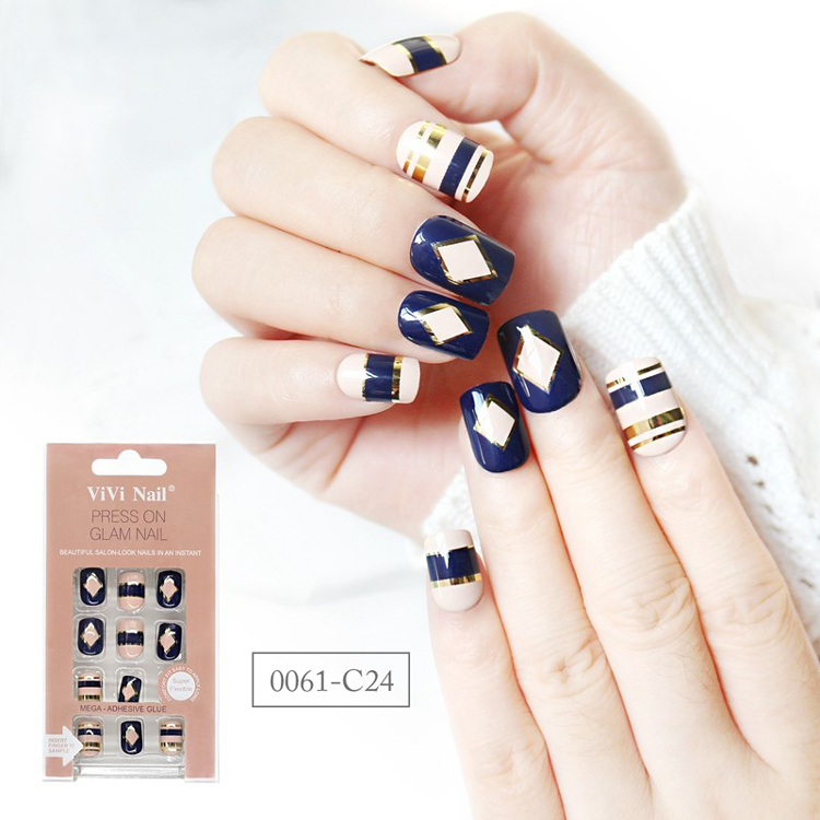 Square Shape Nail Supplier Blue And Nude With Metallic Design Press On Nail