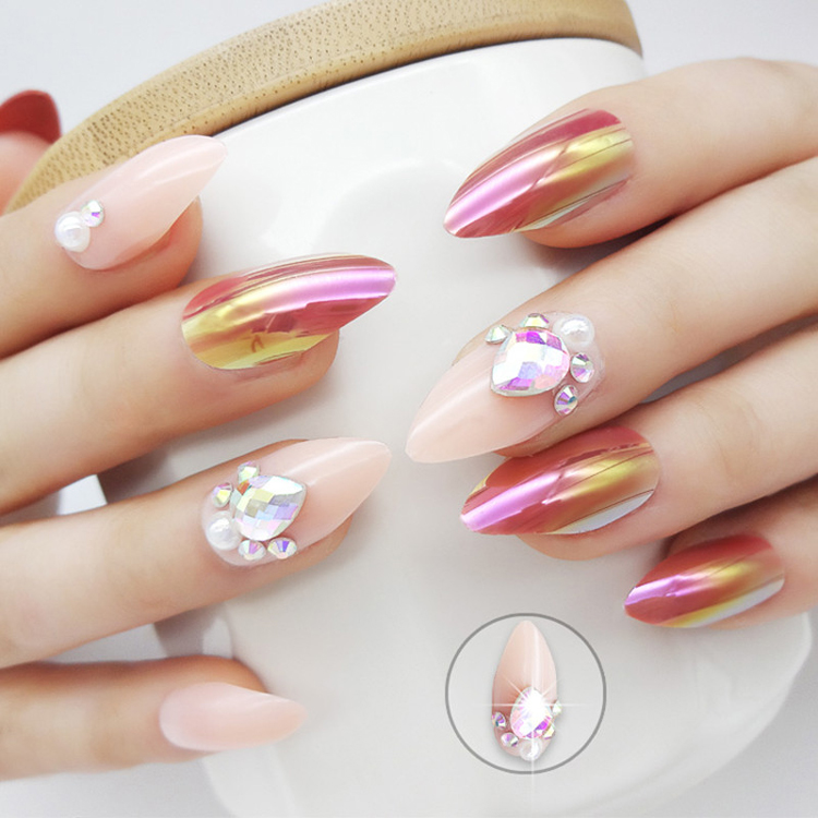 Luxury Fake Nails Designer Extra Long Ombre French Jewelry Pre Designed Nails Natural Stiletto Ab Stones Decoration Tips