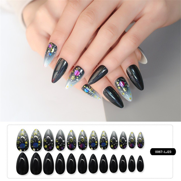 Metallic Nail Black Gray Long Stiletto Nail Shape