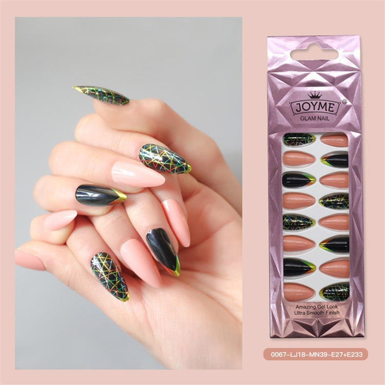 Metallic Nail Pink and Black Nail Stiletto Nail Shape