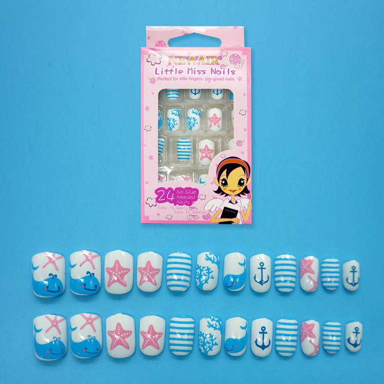 24Pcs Whale & Starfish Summer False Nails Pre-glued For Kids