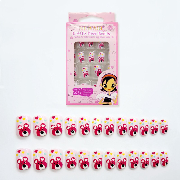 24Pcs Pink Bear & Colorful Heart Press On False Nail Tips For Kids