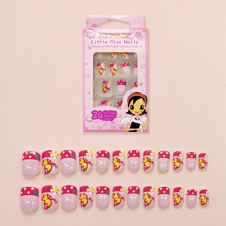False Nail Kid 24Pcs Nails Full Cover Colorful Butterfly Artificial Nail