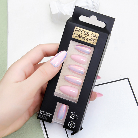 New Hologram Glossy Short Almond Fake Nails